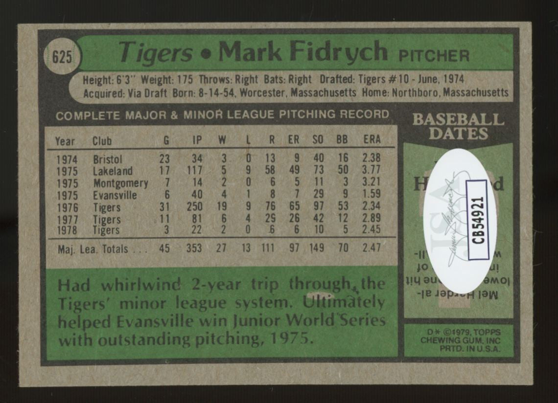 1979 Topps Mark Fidrych #625 Signed Auto JSA