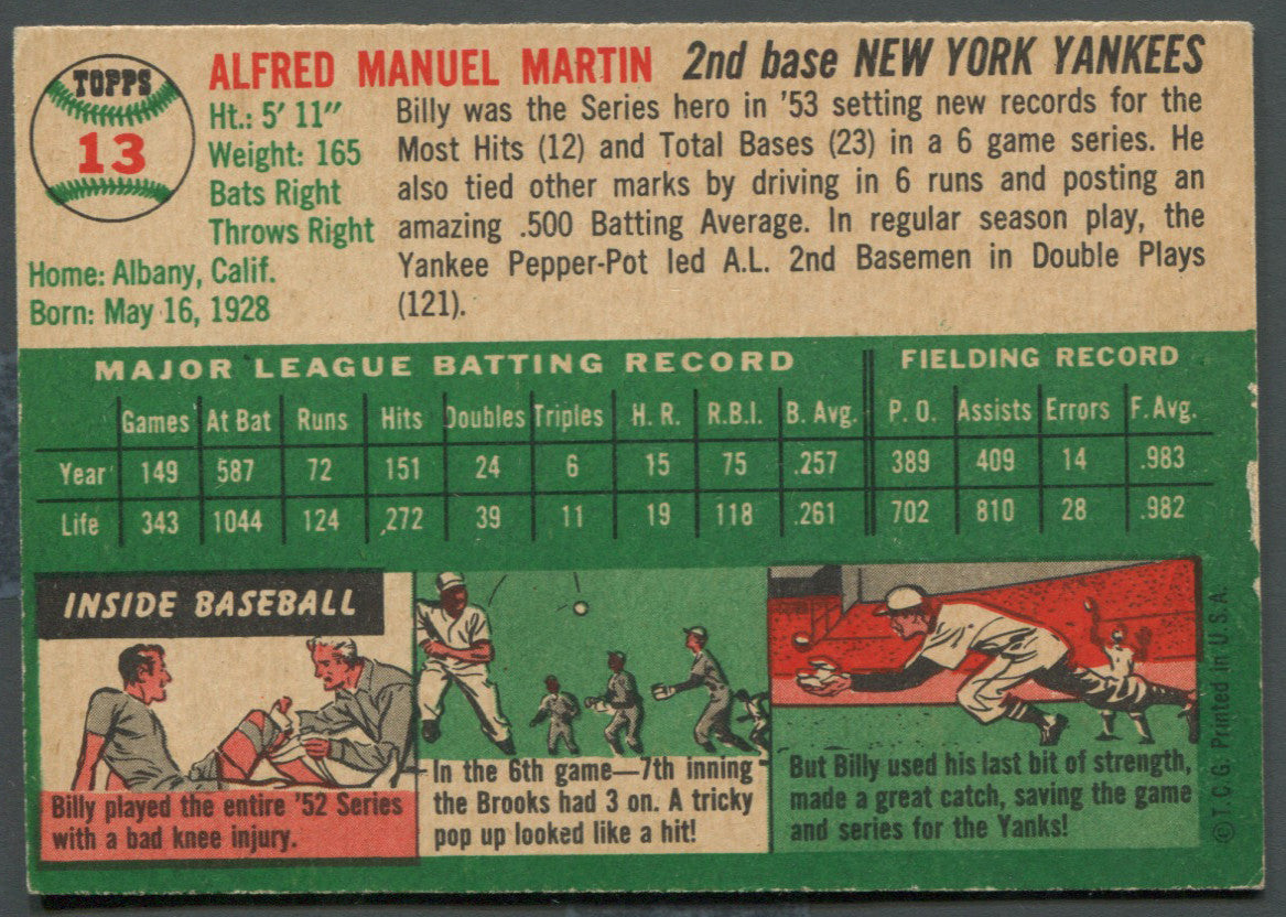 1954 Topps Billy Martin New York Yankees #13 EX