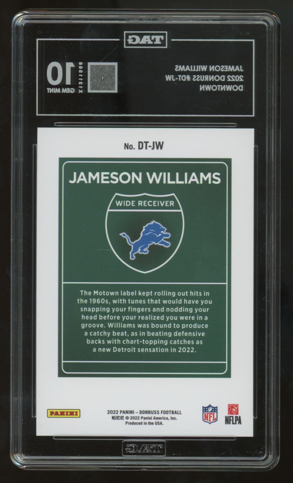 2022 Panini Donruss Jameson Williams RC Downtown SSP #DT-JW TAG 10