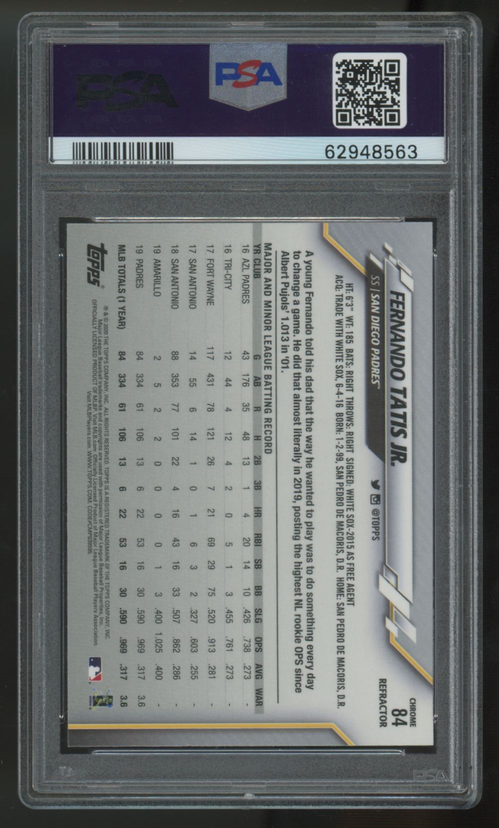 2020 Topps Chrome Fernando Tatis Jr. Pink Refractor #84 PSA 10