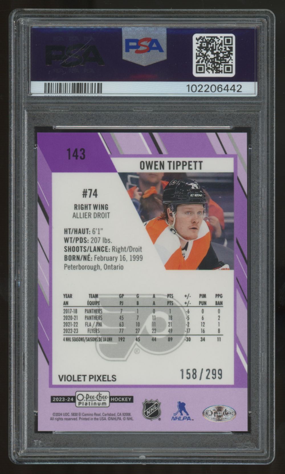 2022-23 O-Pee-Chee Platinum Owen Tippett Violet Pixels /299 #143 PSA 10