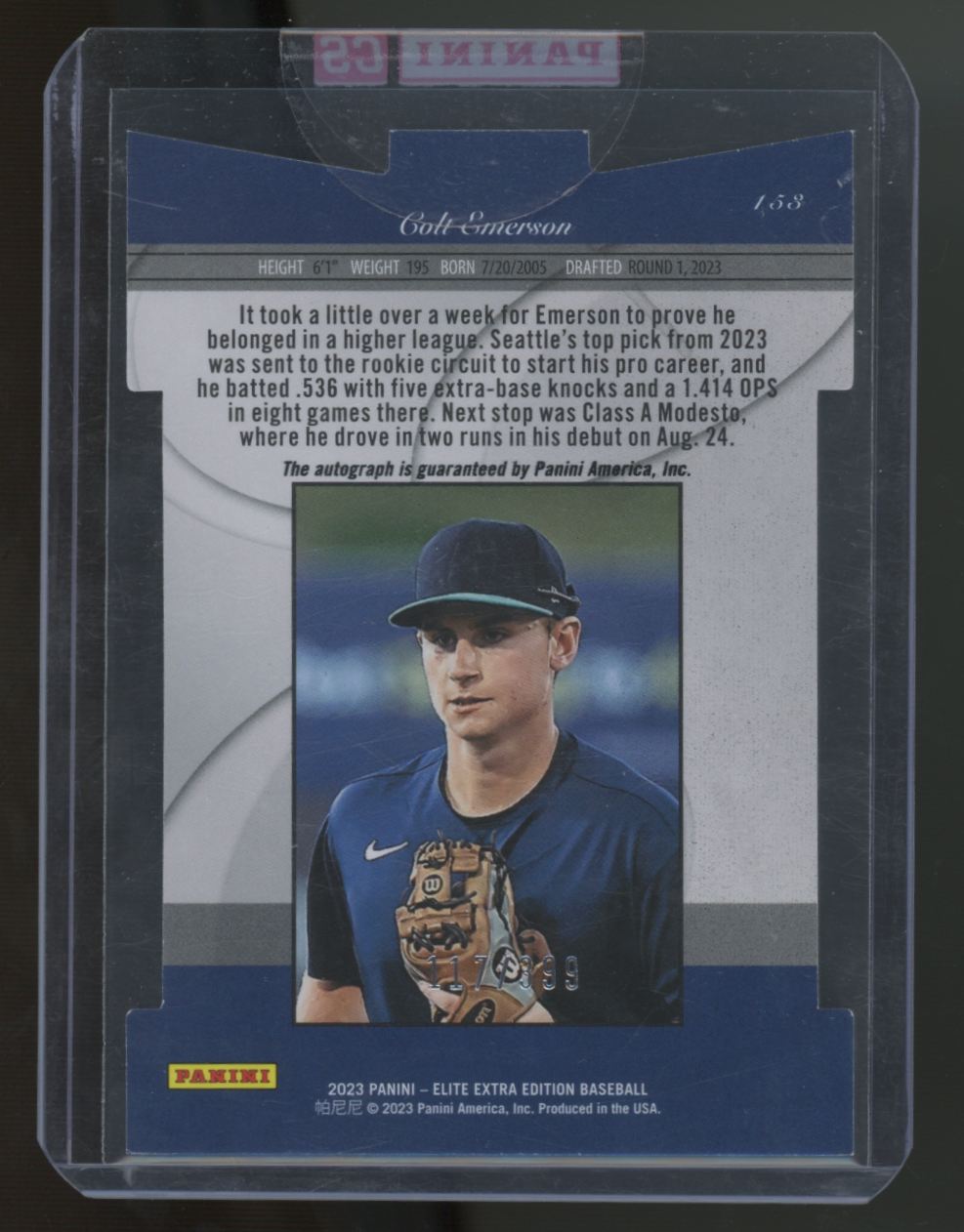 2023 Panini Elite Extra Edition Colt Emerson Prospect Die-Cut Auto /399