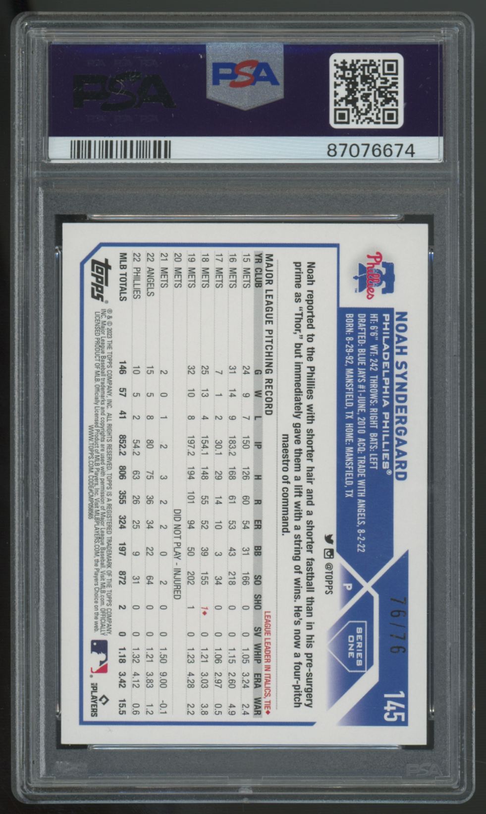 2023 Topps Series One Noah Syndergaard Independence Day /76 #145 PSA 10