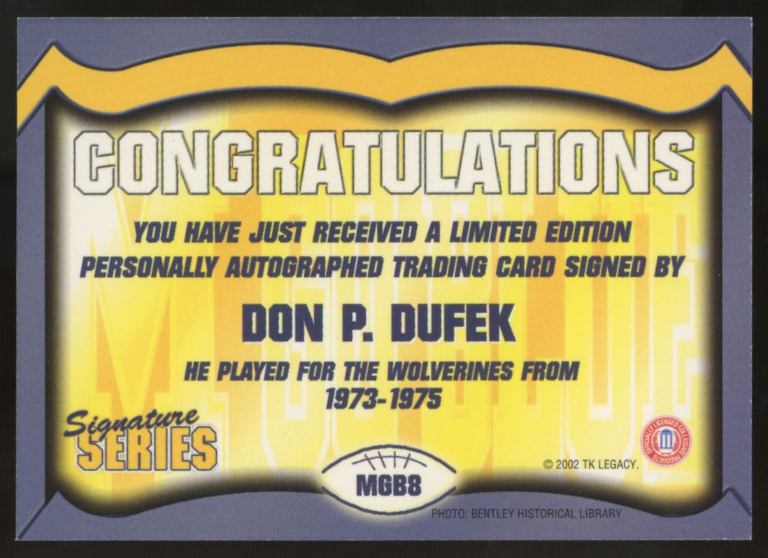 2002 TK Legacy Signature Series Don P. Dufek Auto #MGB8