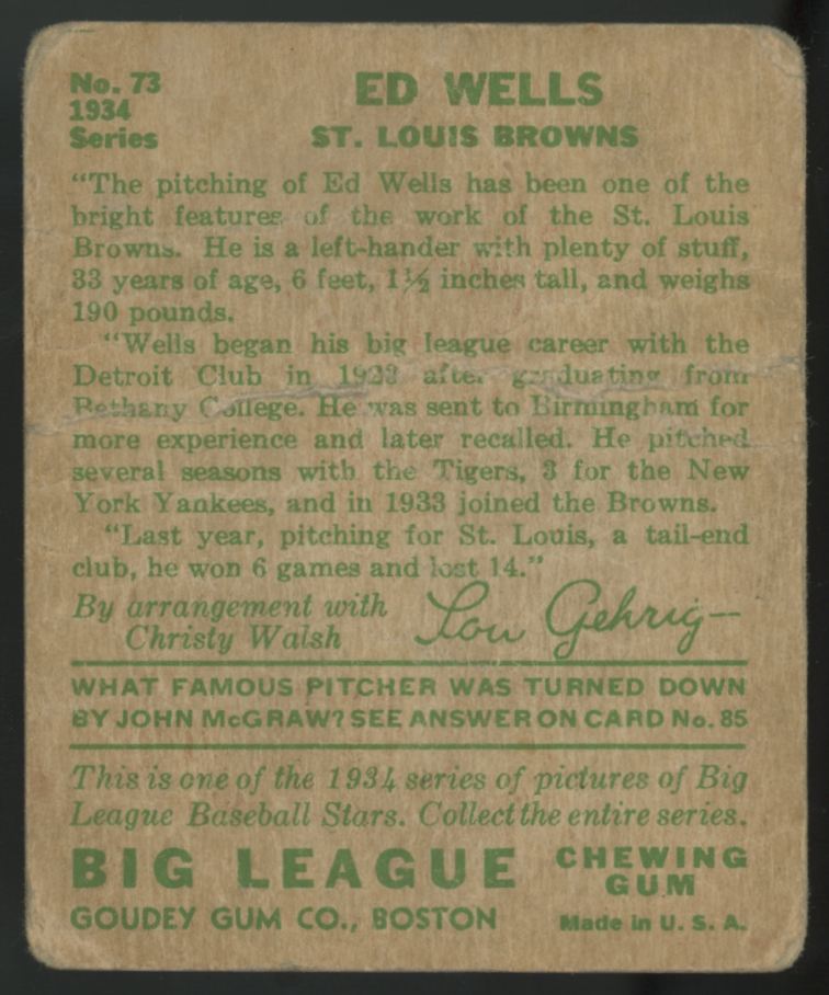 1934 Goudey Ed Wells Big League Gum #73 Poor