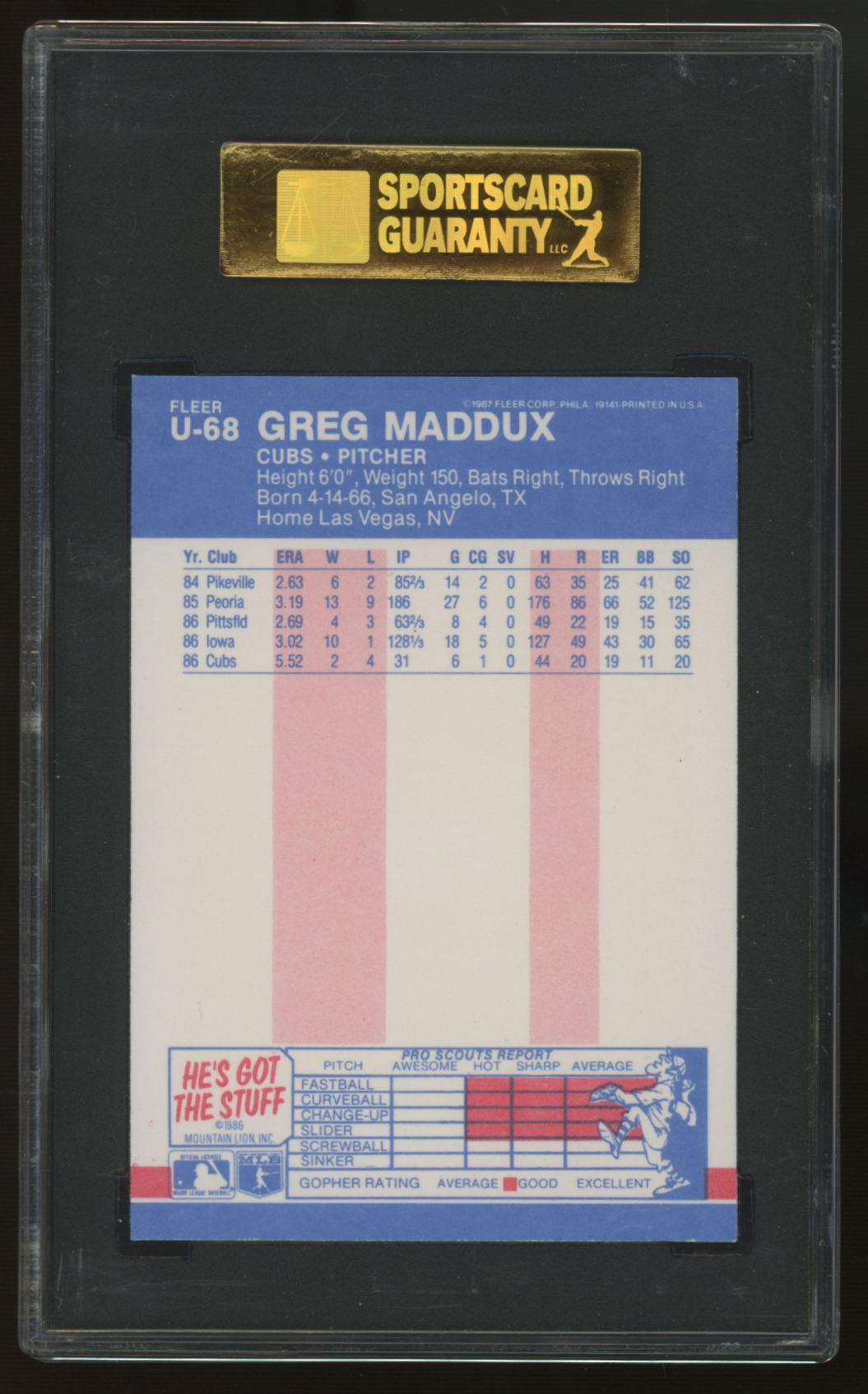 1987 Fleer Update Greg Maddux RC #U-68 SGC 8