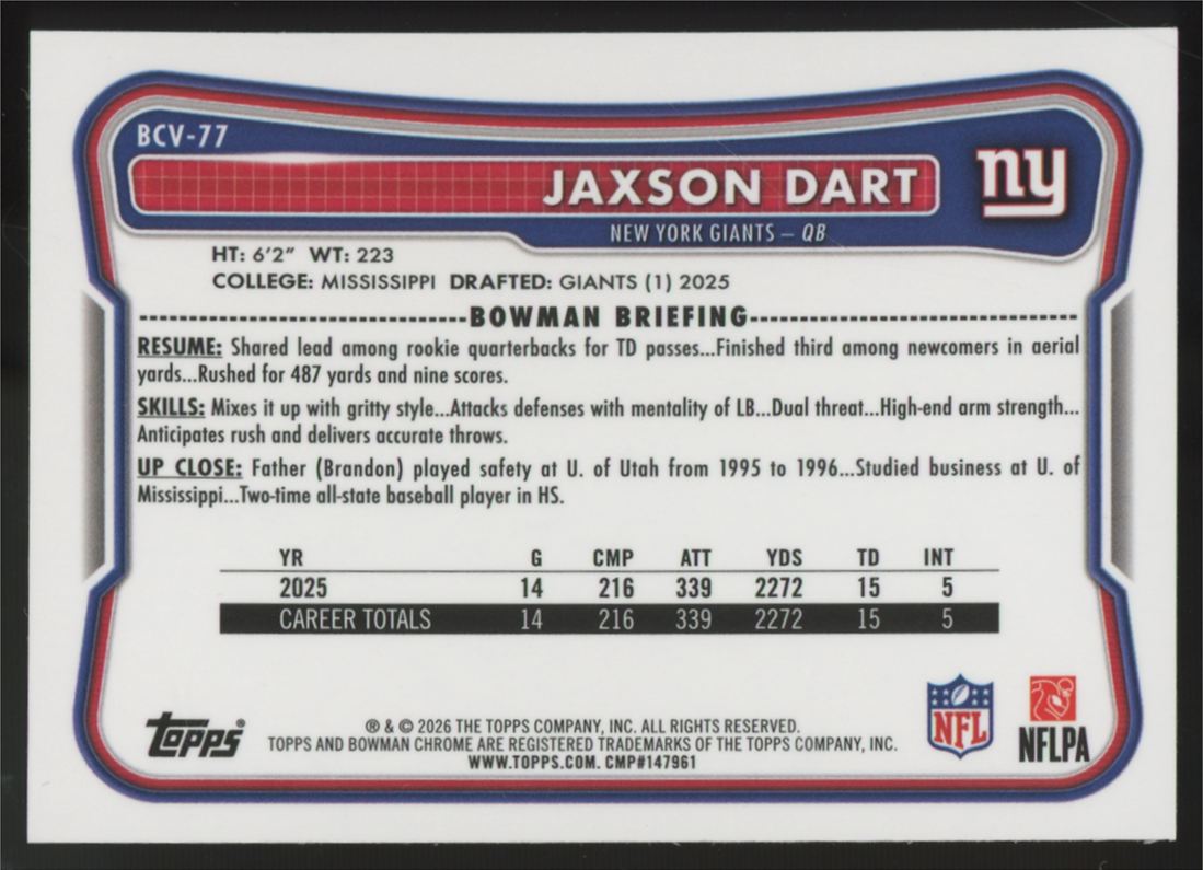 2026 Bowman Chrome Jaxson Dart Purple Mojo /75 BCV-77