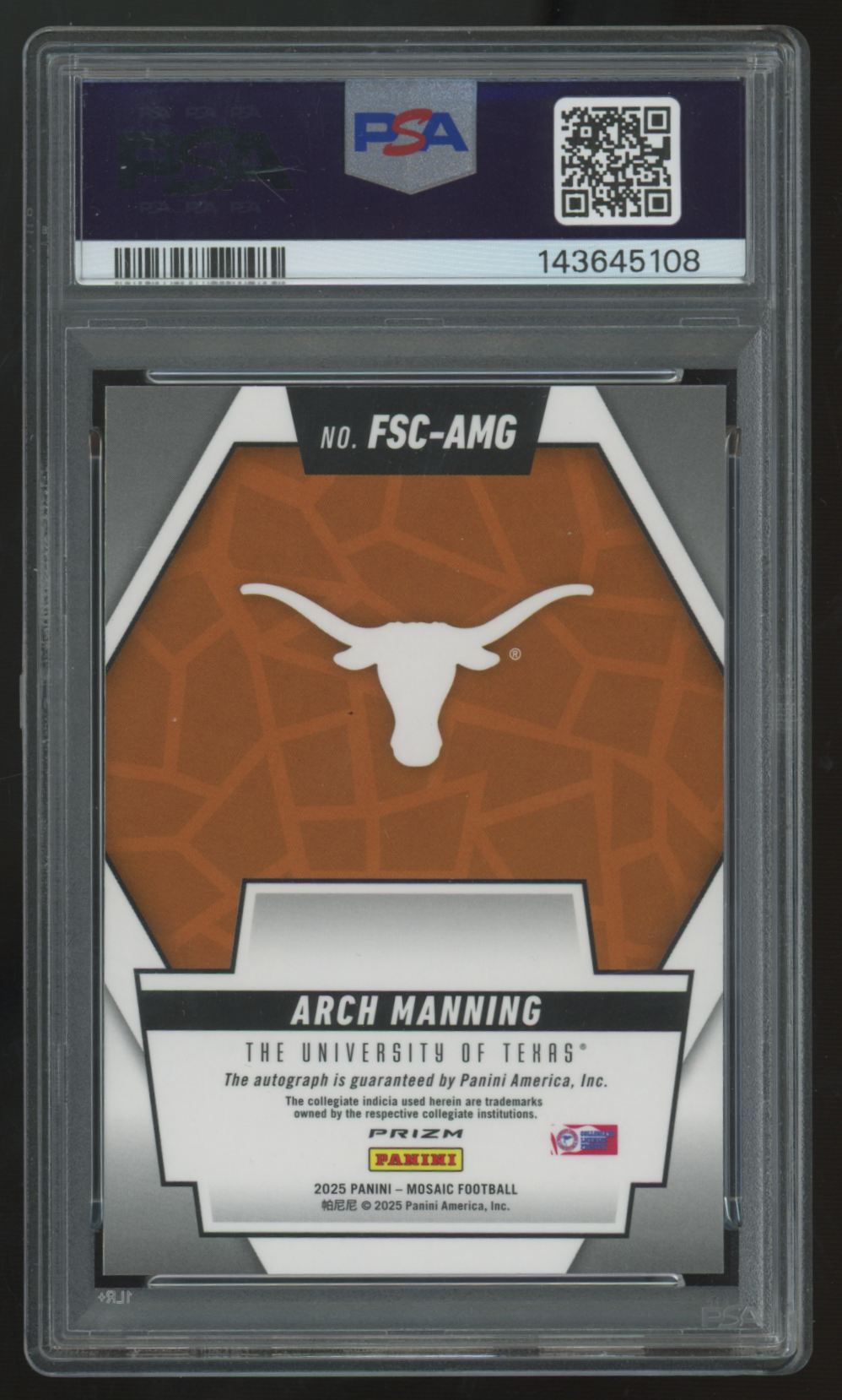 2025 Panini NIL Texas Arch Manning Mosaic Future  Scripts Auto #FSC-AMG PSA 10