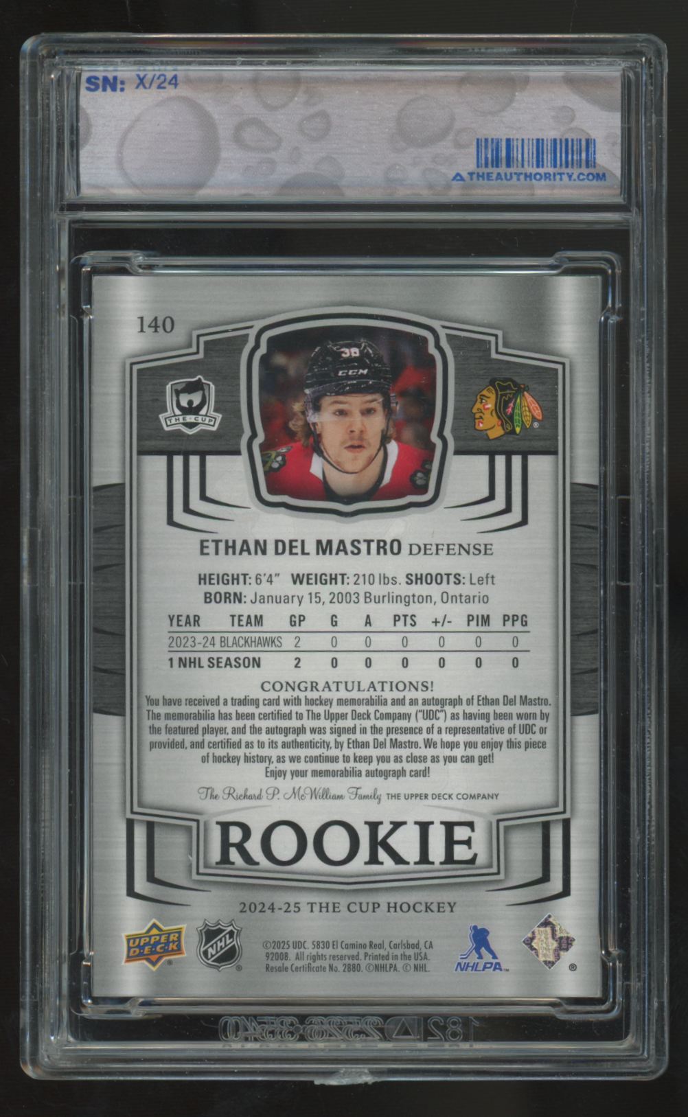 2024-25 Upper Deck The Cup Ethan Del Mastro RC Gold Foil Patch Auto RPA /24 #140