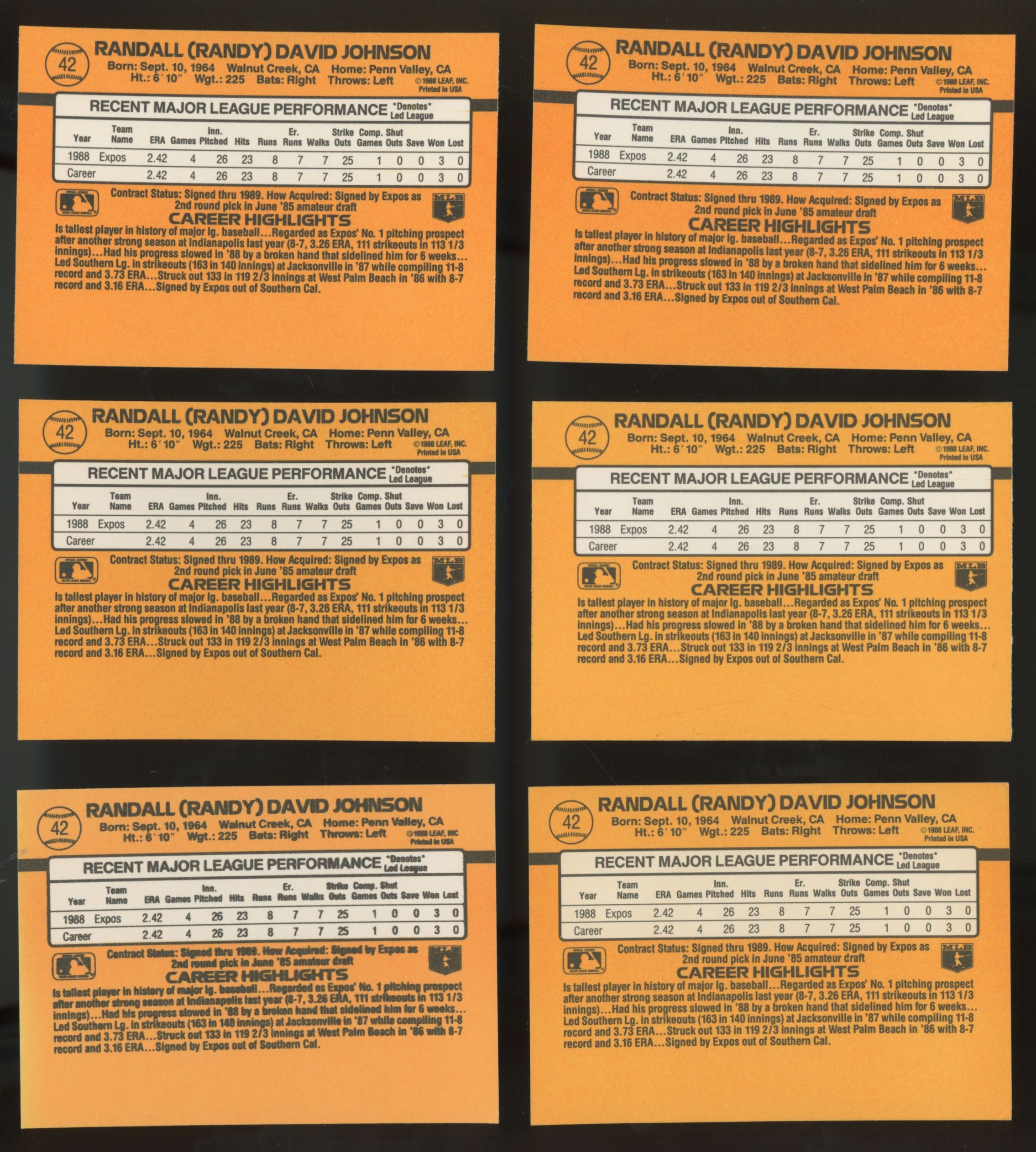 1989 Donruss Randy Johnson RC Rated Rookie #42 (Lot Of 10)