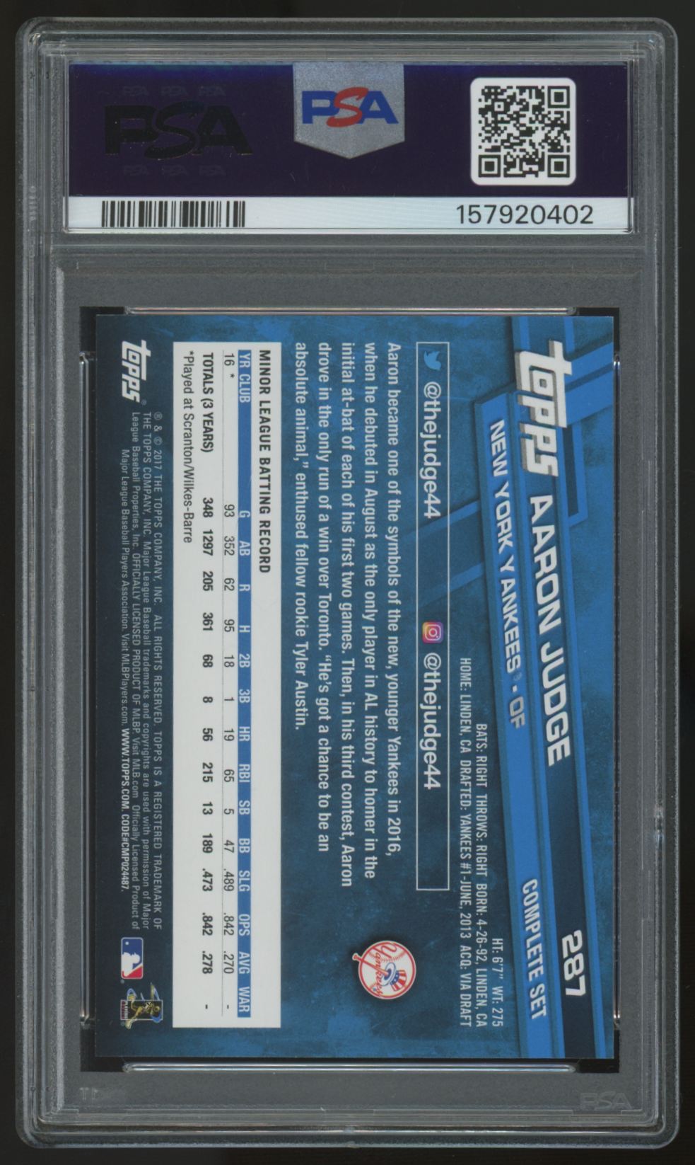 2017 Topps Complete Set Aaron Judge RC Exclusives-Running #287 PSA 9