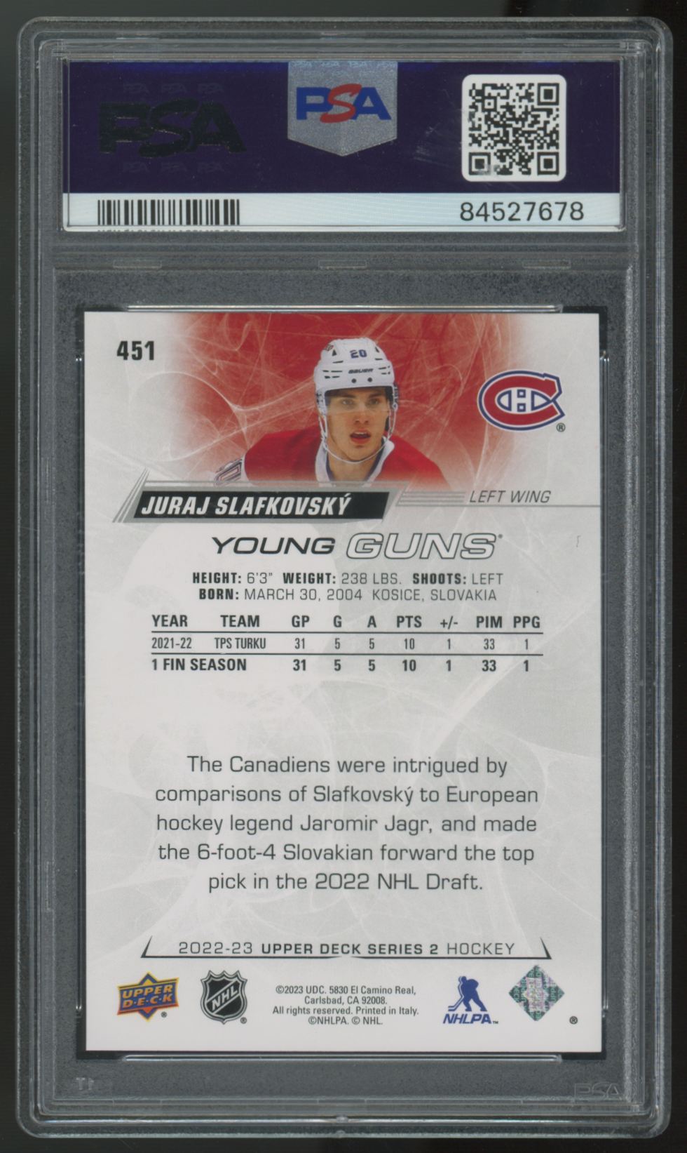 2022-23 Upper Deck Series Two Juraj Slafkovsky RC Young Guns #451 PSA 10