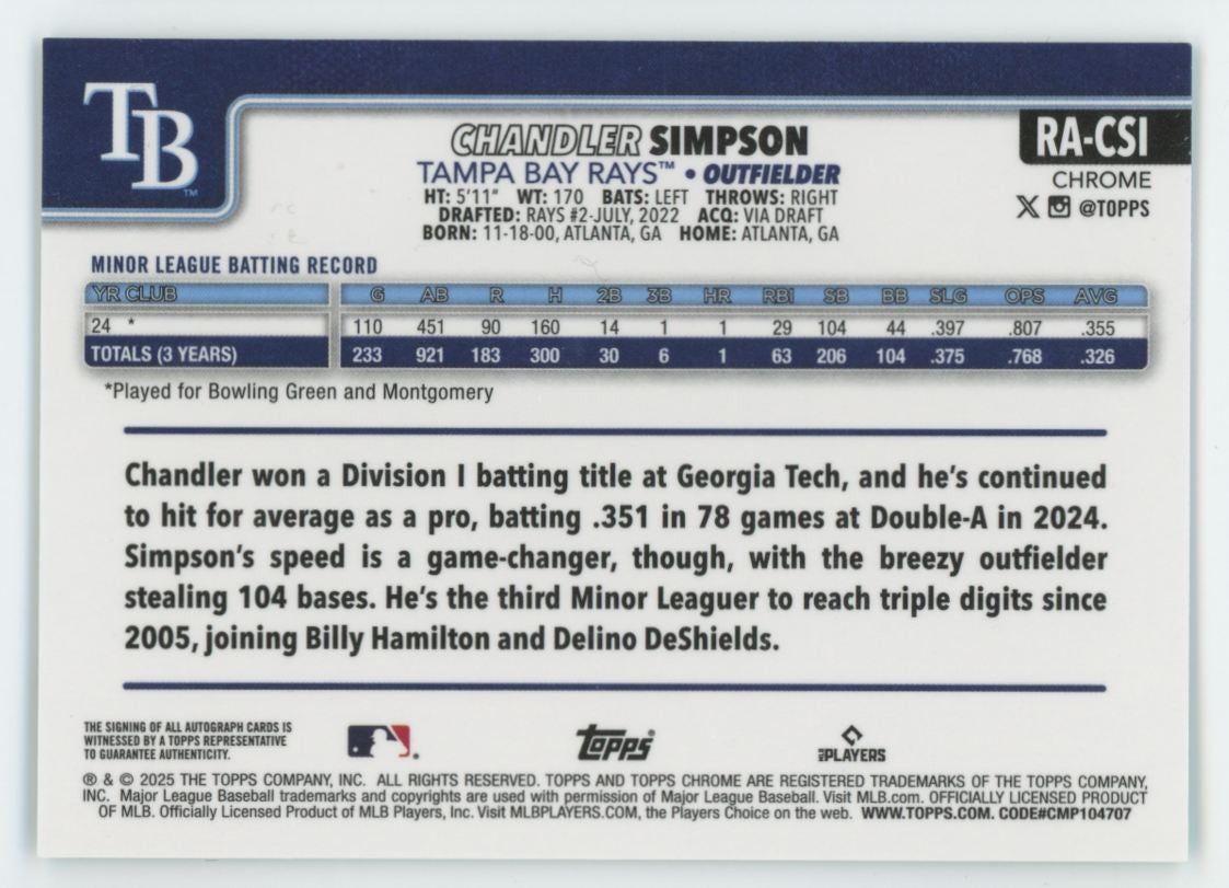 2025 Topps Chrome Chandler Simpson RC Aqua Wave Auto /199 #RA-CSI