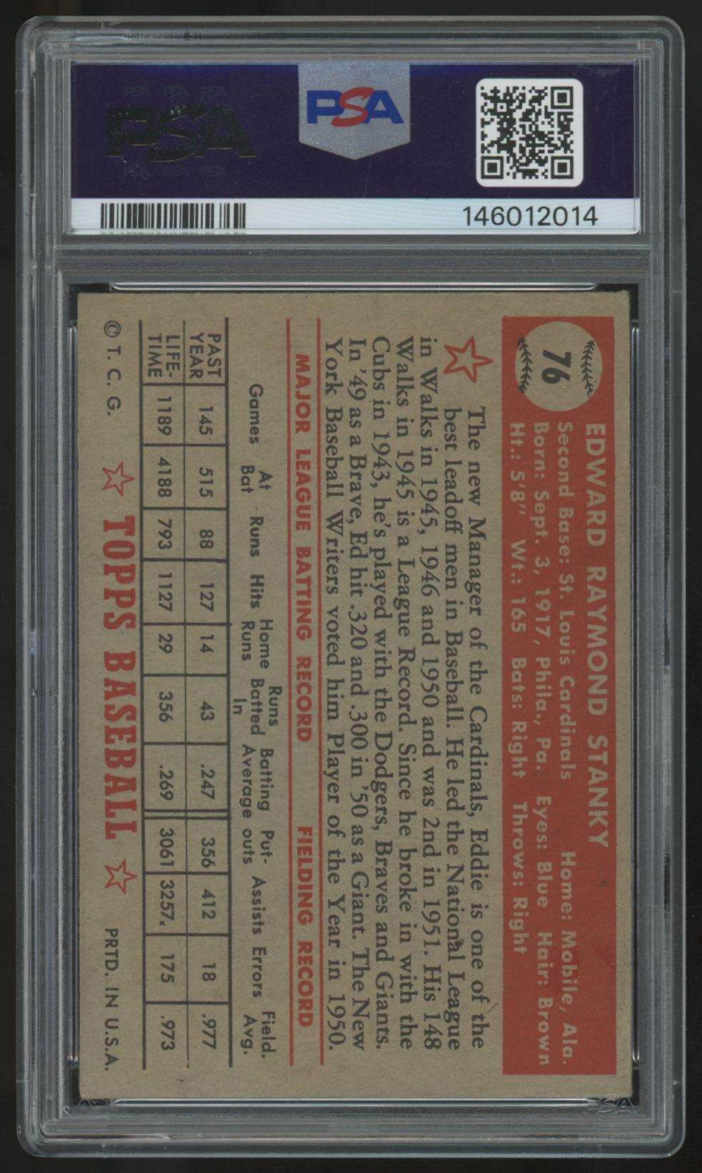 1952 Topps Eddie Stanky #76 PSA 5