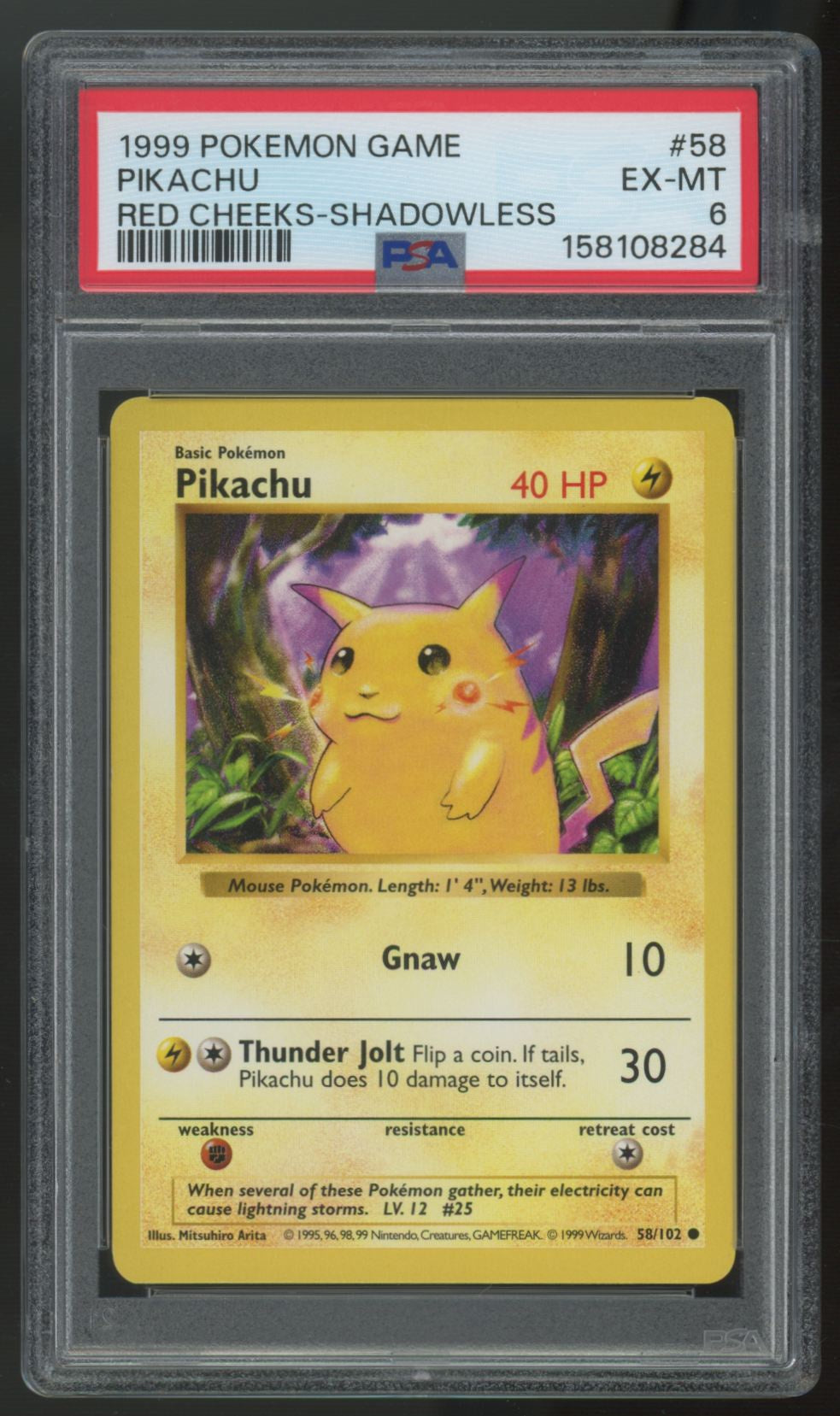 1999 Pokemon Pikachu Base Set Red Cheeks Shadowless #58 PSA 6