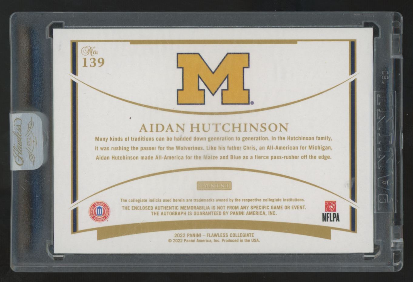 2022 Panini Flawless Aidan Hutchinson RC Patch Auto RPA /25 #139