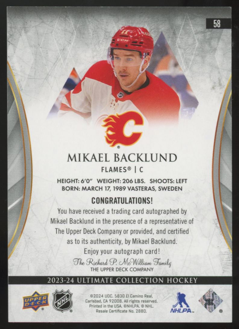 2023-24 Upper Deck Ultimate Mikael Backlund Gold Auto /25 #58