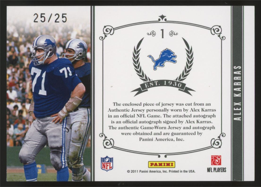 2011 National Treasures Alex Karras Timeline Patch Auto /25 #1 "B"