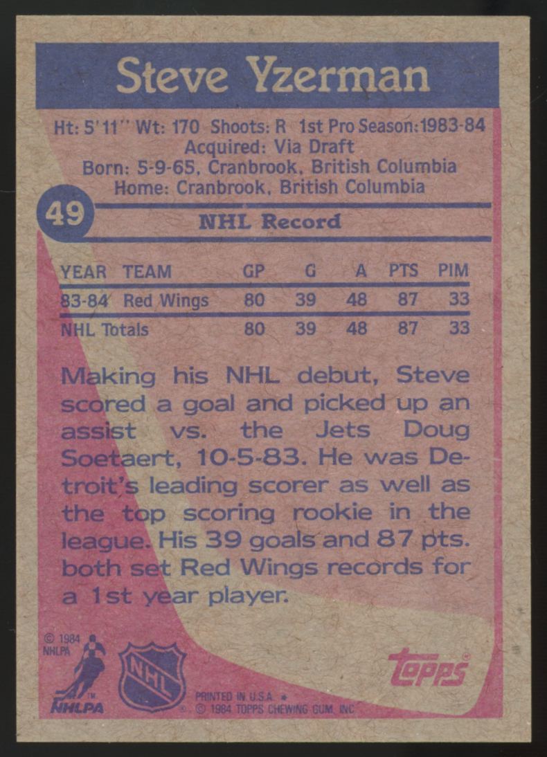 1984-85 Topps Steve Yzerman RC #49 NM "L"