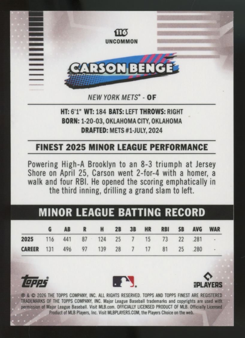 2026 Topps Finest Carson Benge RC Uncommon White Mini-Diamond /30 #116