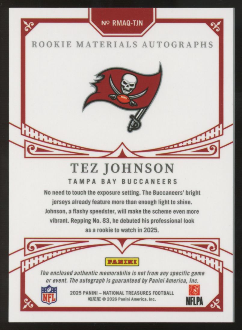 2025 National Treasures Tez Johnson RC Materials Quad Patch Auto RPA /99