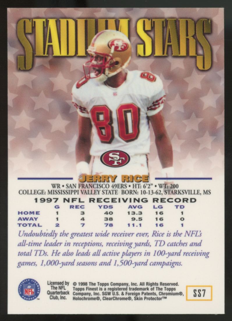 1998 Topps Finest Jerry Rice Stadium Stars With Coating #SS7