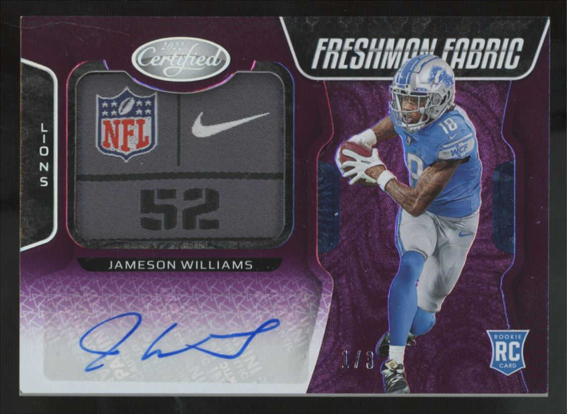 2022 Certified Jameson Williams RC Freshman Fabric Purple Patch Auto RPA /3 #216