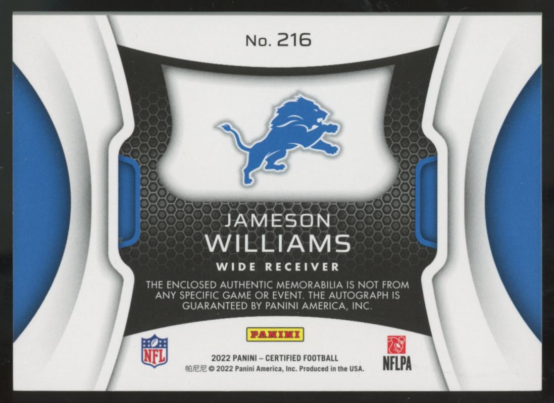 2022 Certified Jameson Williams RC Freshman Fabric Purple Patch Auto RPA /3 #216