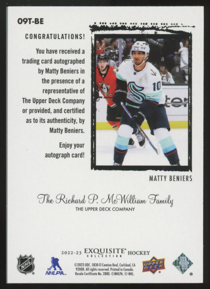 2022-23 UD Exquisite Collection Matty Beniers RC 2009-10 Auto /49 #09T-BE