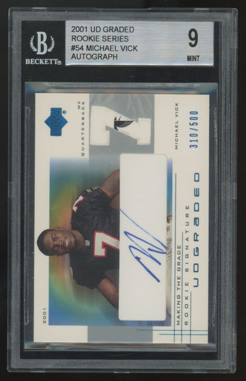 2001 Upper Deck Graded Michael Vick RC Rookie Series Auto /500 #54 BGS 9