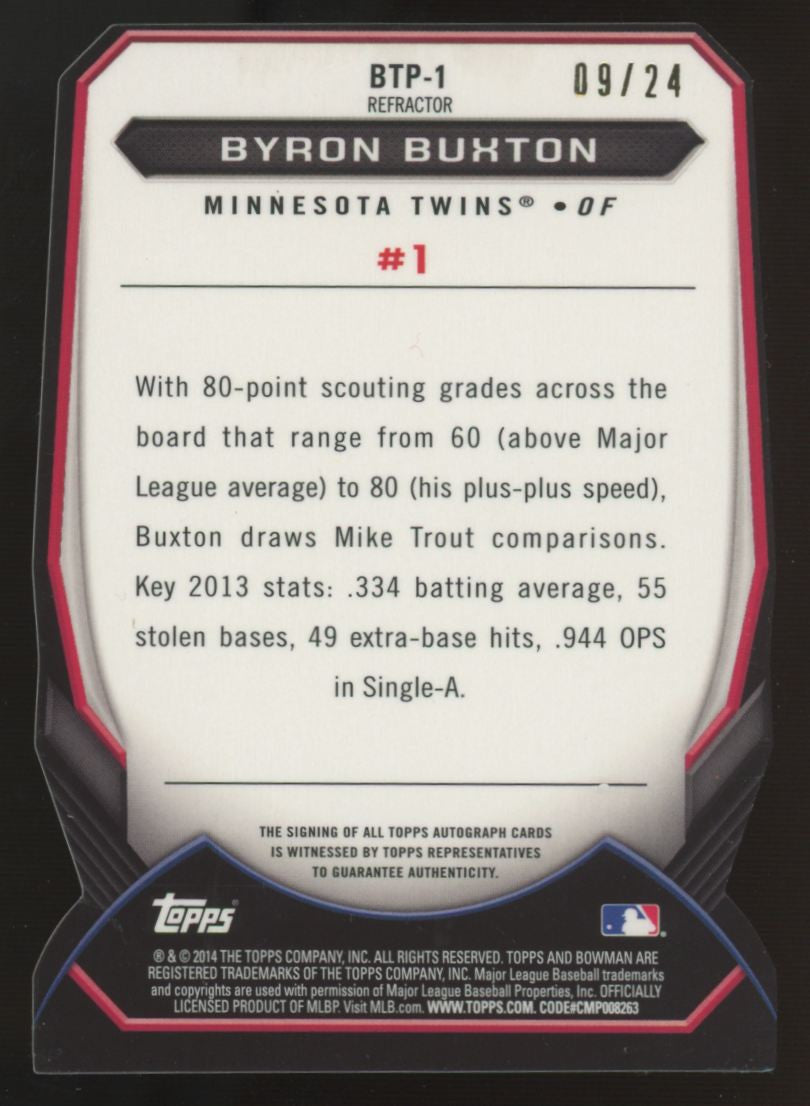 2014 Bowman Chrome Byron Buxton Top 100 X-Fractor Die-Cut Auto /24 #BTP-1