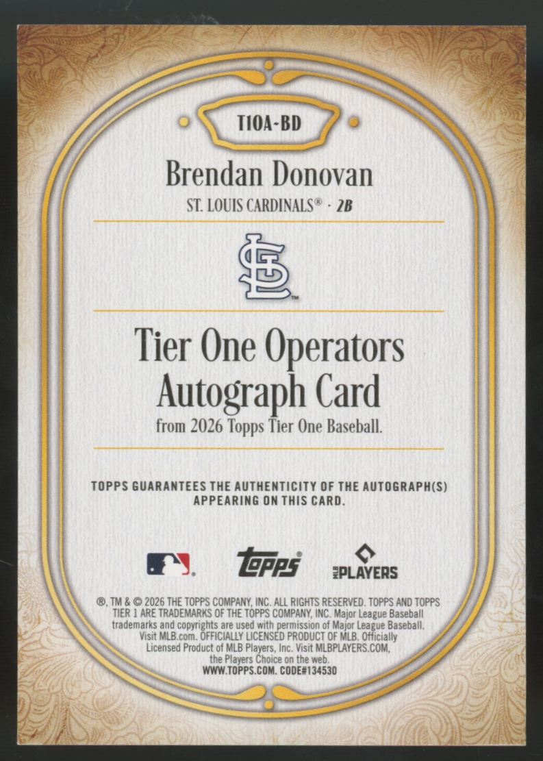 2026 Topps Tier One Brendan Donovan Operators Holo Silver Auto /10 #T1OA-BD