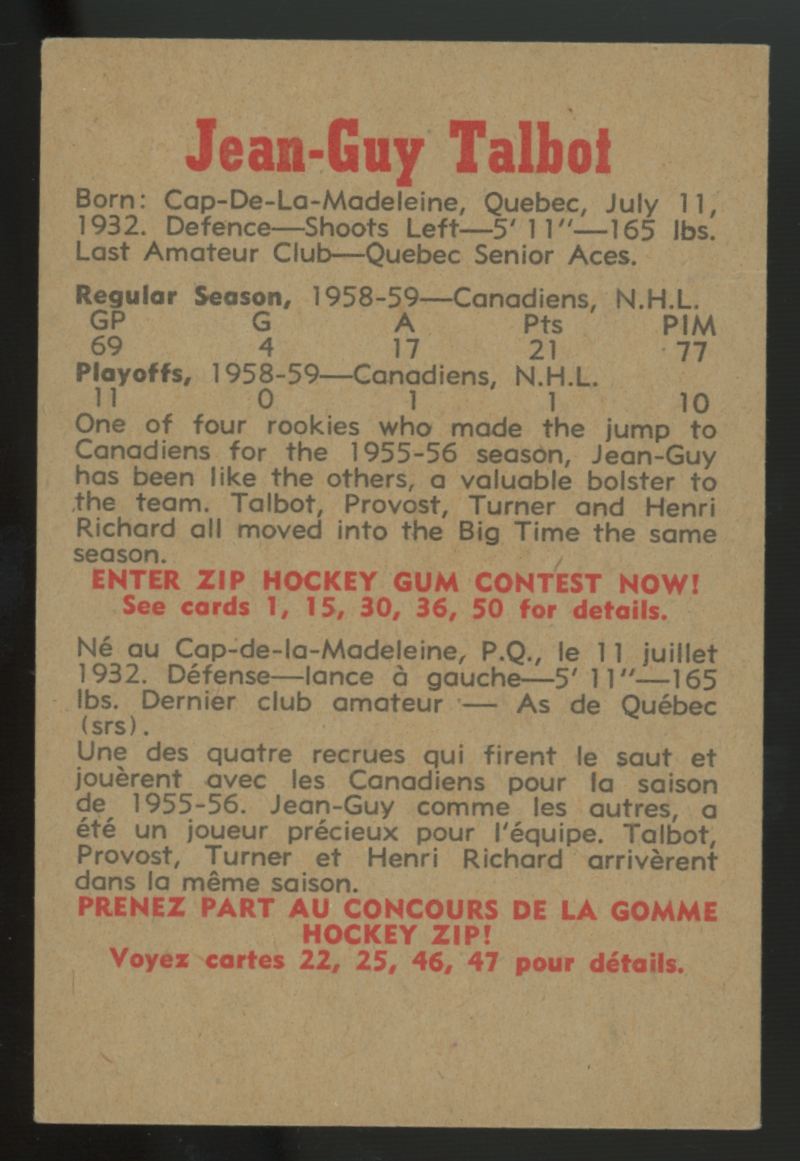 1959-60 Parkhurst Jean Guy Talbot #49 EX