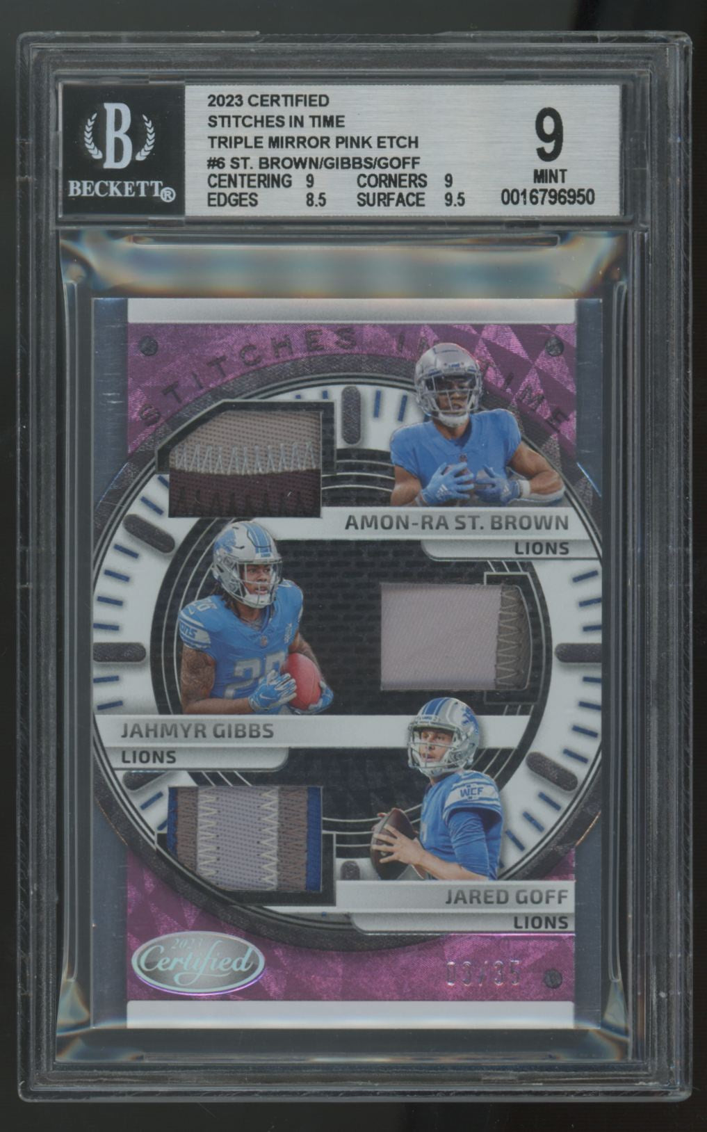 2023 Certified St. Brown/Gibbs/Goff Mirror Pink Etch Triple Patch /35 BGS 9