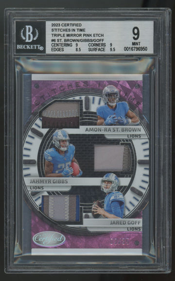 2023 Certified St. Brown/Gibbs/Goff Mirror Pink Etch Triple Patch /35 BGS 9