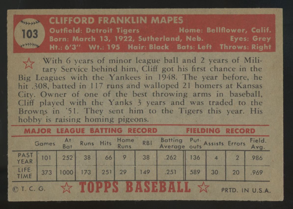 1952 Topps Cliff Mapes RC #103 VG/EX
