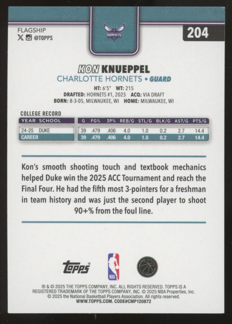 2025-26 Topps  Kon Knueppel RC Purple Holo Foil /250 #204