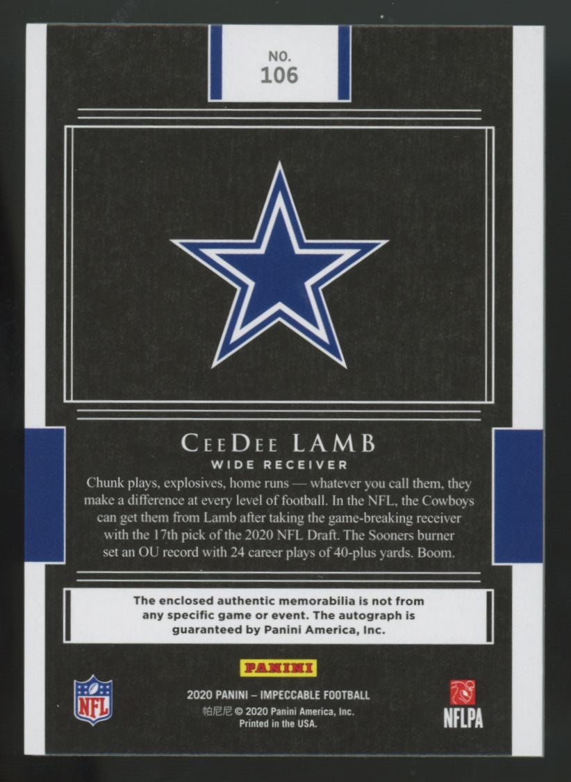 2020 Panini Impeccable CeeDee Lamb RC Elegance Dual Patch Auto RPA /75 #106