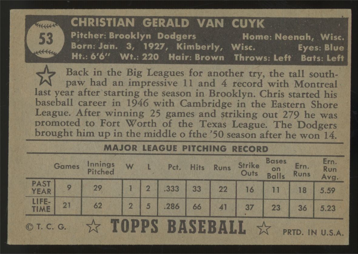 1952 Topps Chris Van Cuyk Black Back #53 VG/EX "A"