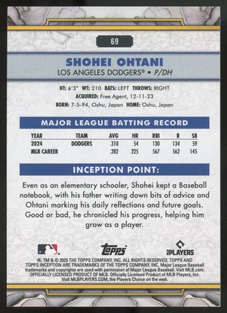 2025 Topps Inception Shohei Ohtani Gold Electricity /50 #69