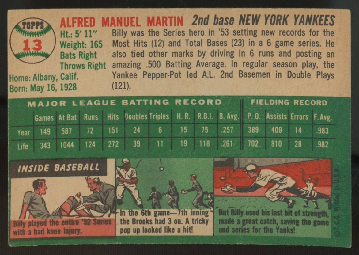 1954 Topps Billy Martin #13 VG/EX "A"
