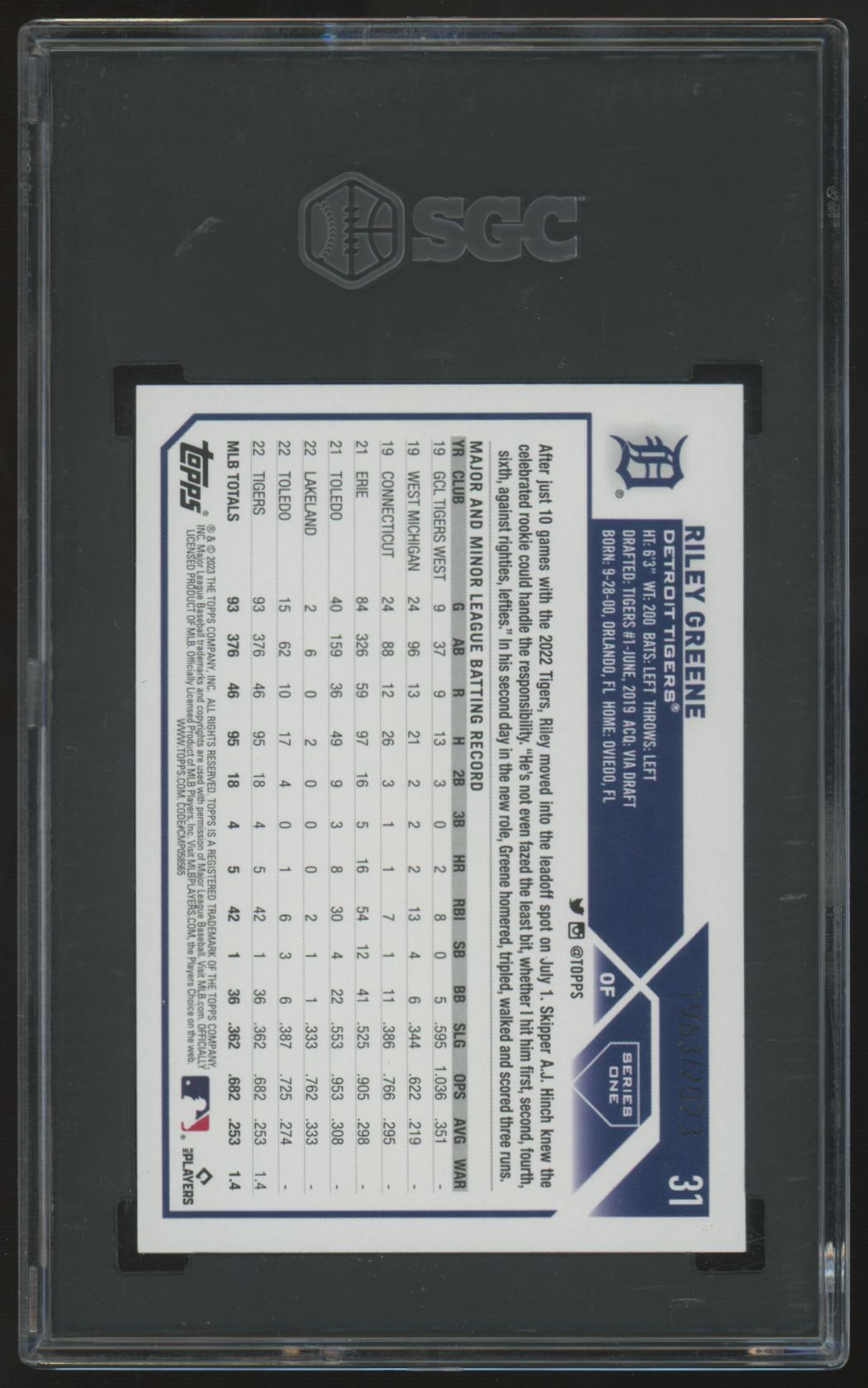2023 Topps Riley Greene RC Gold /2023 #31 SGC 9.5