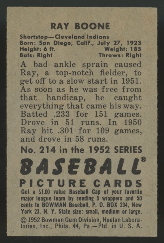 1952 Bowman Ray Boone #214 EX-MT