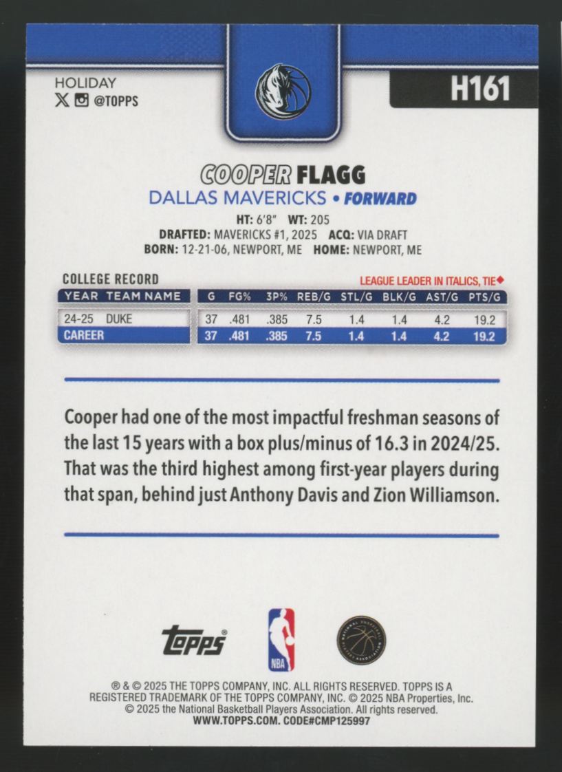 2025-26 Topps Holiday Cooper Flagg RC Blue Metallic Glitter #H161
