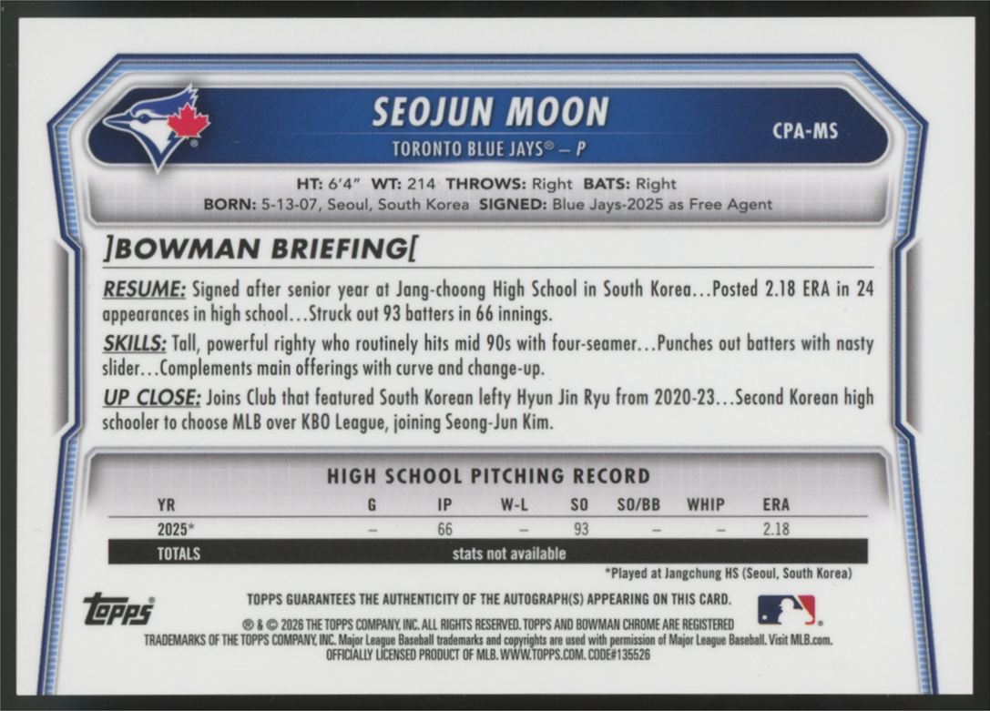 2026 Bowman Chrome Seojun Moon 1st Prospect Auto #CPA-MS