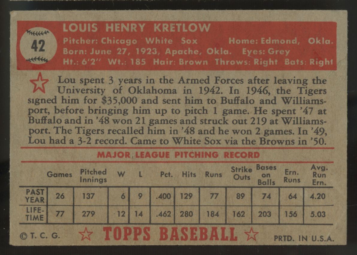 1952 Topps Lou Kretlow RC #42 Good