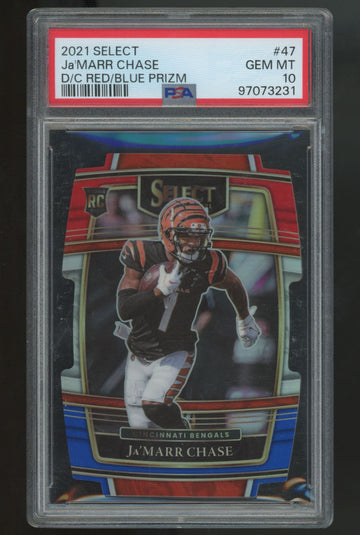 2021 Panini Select Ja'Marr Chase RC Concourse Red & Blue Die-Cut #47 PSA 10