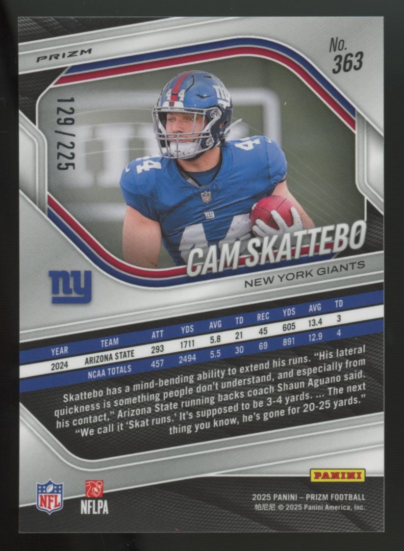 2025 Panini Prizm Cam Skattebo RC Purple Ice /225 #363