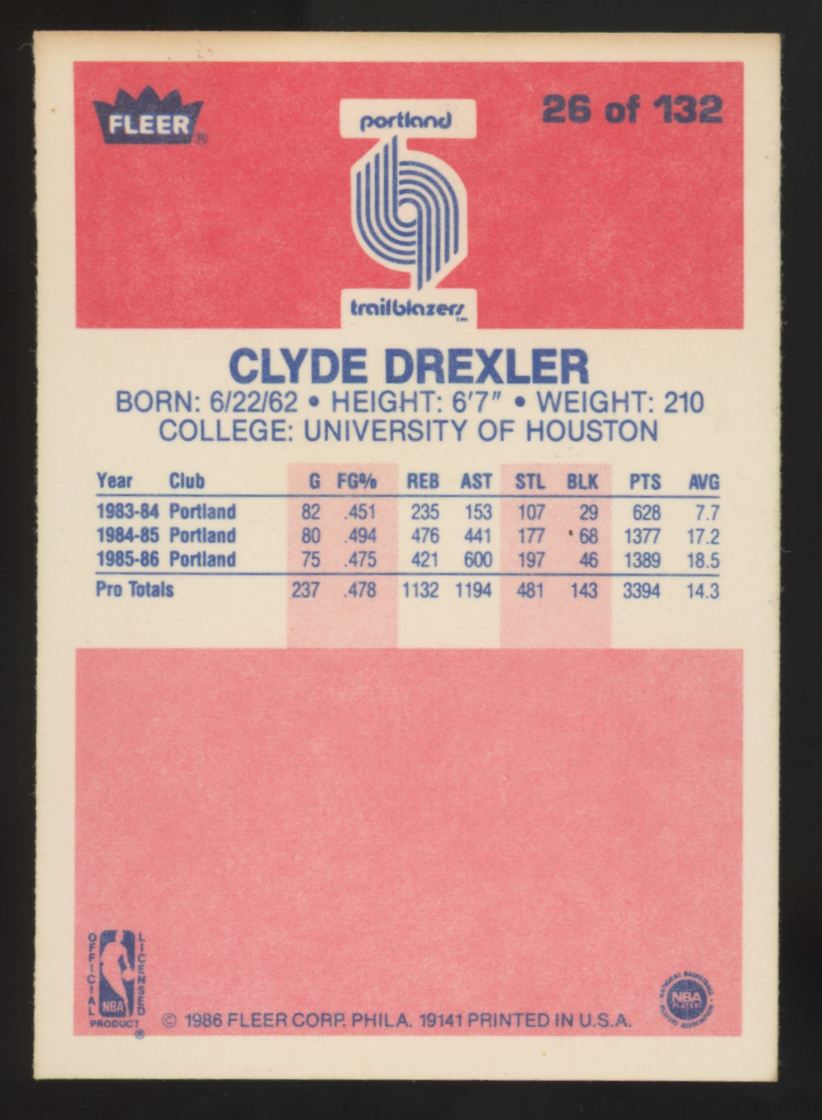 1986-87 Fleer Clyde Drexler RC #26 EX