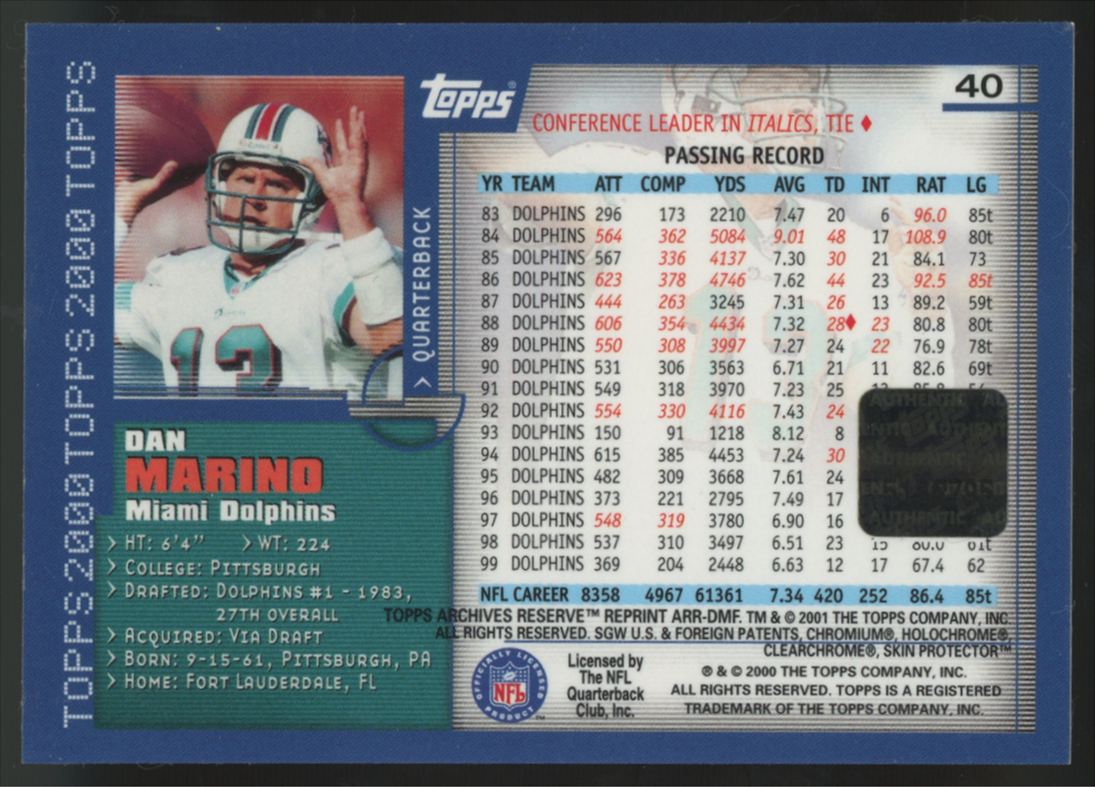 2001 Topps Archives Reserve Dan Marino Rookie Reprint Patch #40